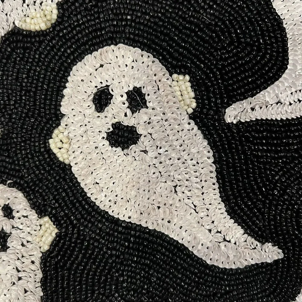 Spooky White‎ Ghost Ghoul Halloween Beaded Sequins Decorative Pillow Black